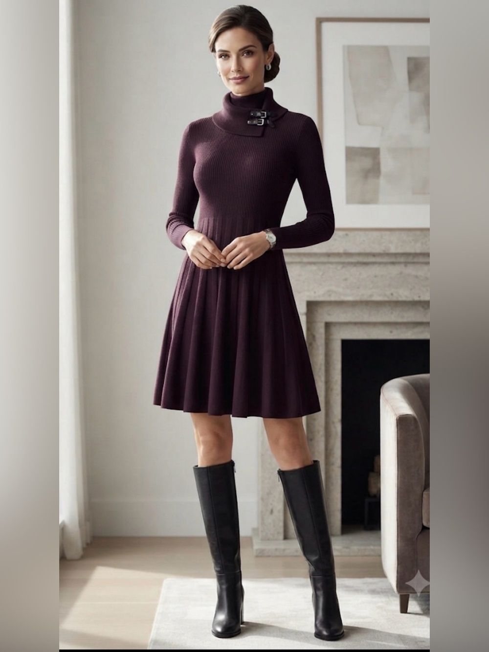 Dana Buchman Ribbed Turtleneck Fit-and-Flare Dress in Plum